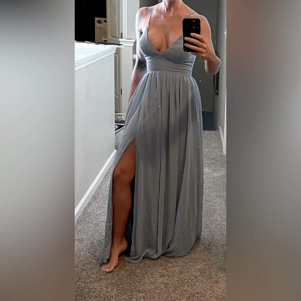 Azazie Bridesmaids Dress, Dusty Blue. Size 2. V-neck, chiffon and lace back .